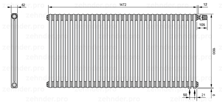 Схема (чертеж) Радиатор Zehnder Charleston 2180/32 №V002 Белый глянцевый RAL 9016